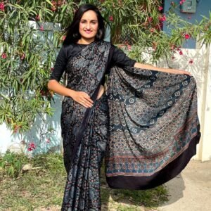 Ajrakh Black silk saree