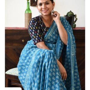 Blue mulmul bagru print saree